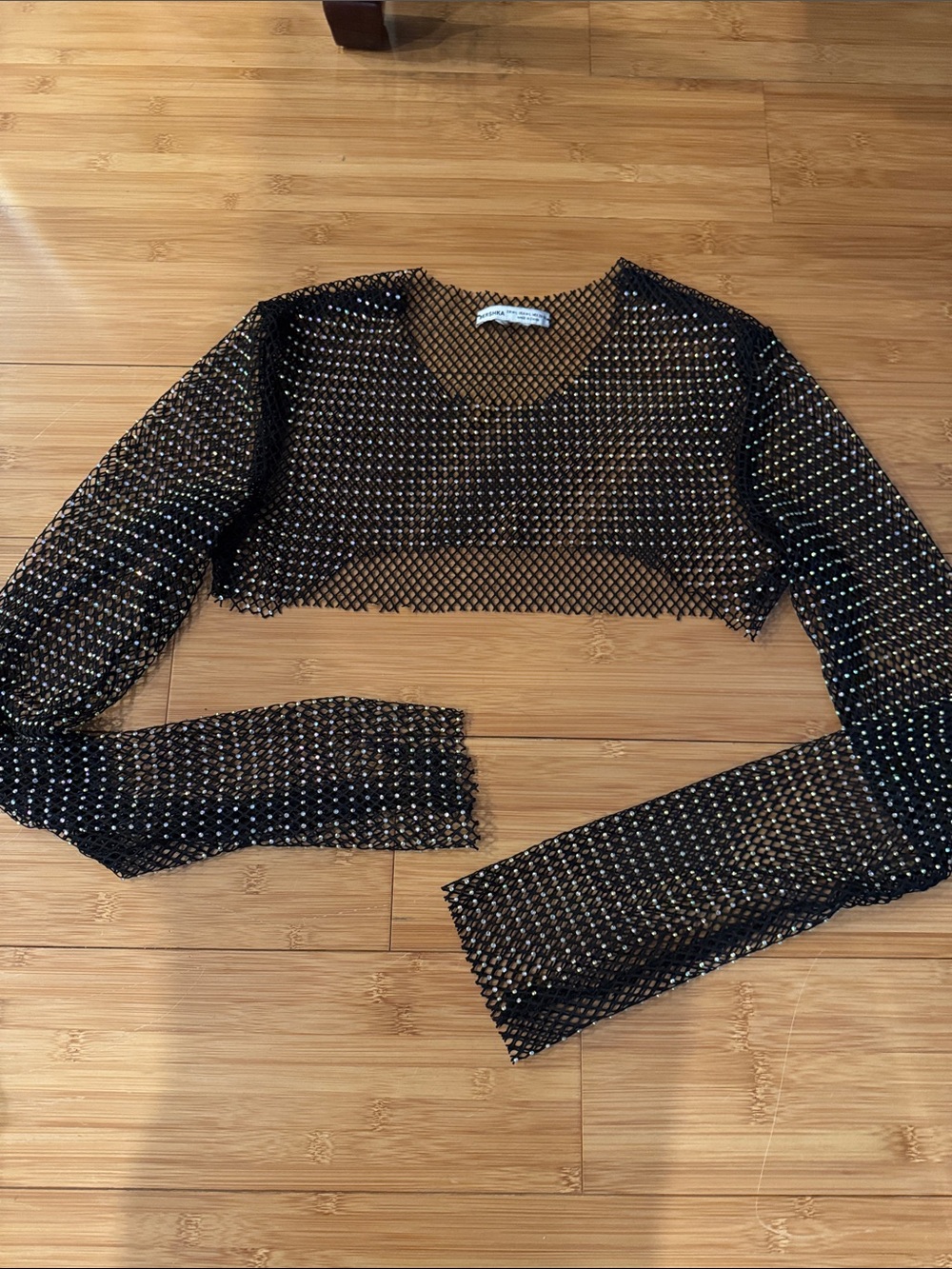 Bershka Black Mesh Cropped Long-Sleeve Party Top with Rhinestone Detail M/L